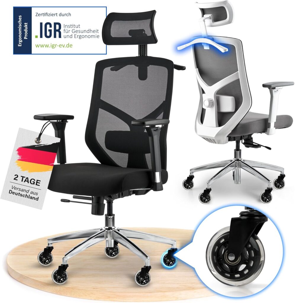 ELITESEATS ergonomischer Bürostuhl, Testsieger, mit atmungsaktivem Material und kratzfreien Rollen