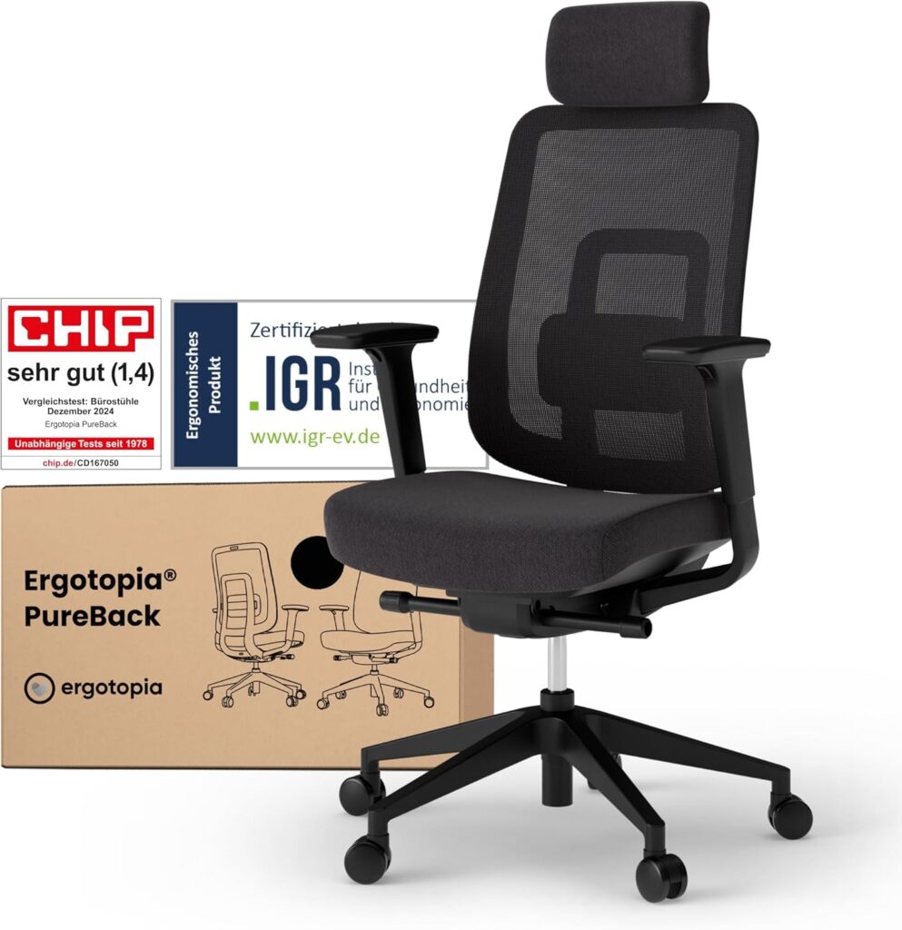 Ergotopia PureBack ergonomischer Bürostuhl mit Synchronmechanik, 4D-Armlehnen und Kopfstütze