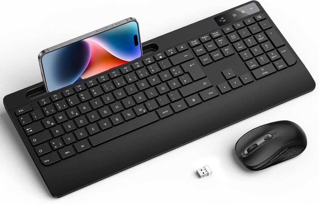 Kabelloses ergonomisches Tastatur-Maus-Set mit Handgelenkauflage in Schwarz